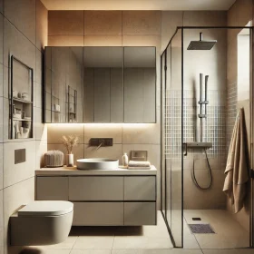 DALL·E 2025-01-28 17.51.58 - A modern yet simple Italian-style bathroom featuring durable gres tiles, a walk-in shower with glass panels, and a sleek vanity with a neutral color p