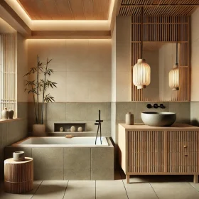 DALL·E 2025-01-28 17.52.01 - A simple and modern oriental-style bathroom featuring durable gres tiles, a compact soaking tub, and a wooden vanity with stone vessel sinks. The spac