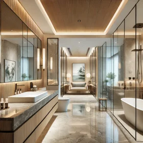 DALL·E 2025-01-28 18.13.40 - A luxurious modern Western-style bathroom featuring sleek marble countertops, a spacious glass walk-in shower, and a freestanding soaking tub. The des