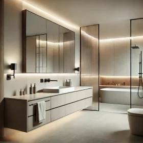 DALL·E 2025-01-28 18.34.38 - A modern and minimalist Western-style bathroom featuring a clean, neutral color palette. The space includes a sleek floating vanity with under-cabinet