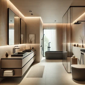 DALL·E 2025-01-28 18.34.40 - A contemporary and minimalist Western-style bathroom with a neutral color scheme. The space includes a floating vanity with integrated storage, a fram